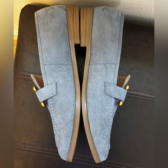 Blue Faux Suede Loafer with Gold Buckle, Flat Slip On Work Shoes, Size 7 - Picture 3 of 11
